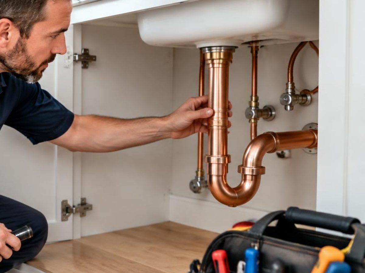 Clean copper plumbing below a residential sink